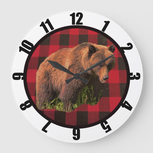 Buffalo Plaid Bear Man Cave Large Clock (Front)