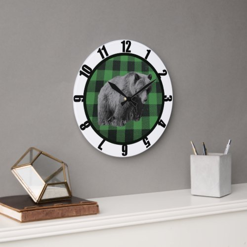 Buffalo Plaid Bear Man Caves Large Clock