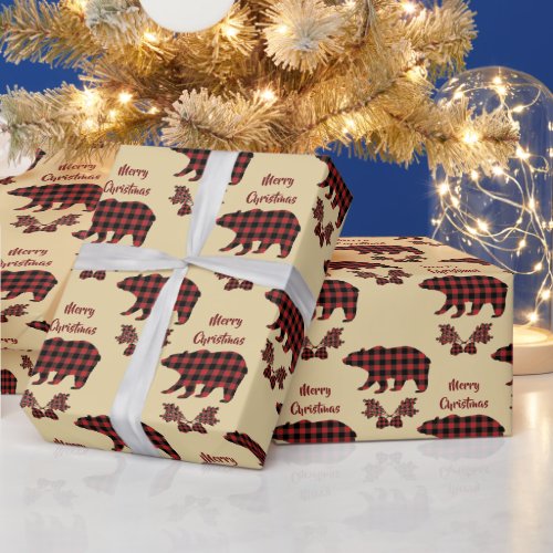 Buffalo Plaid Bear Pattern Christmas Wrapping Paper