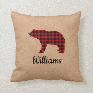 Buffalo Plaid Bear Personalized Burlap Throw Pillow