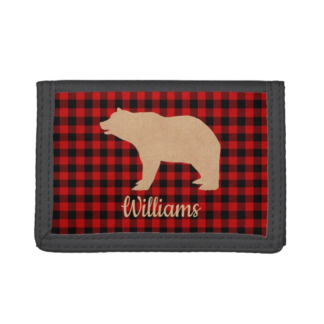 Buffalo Plaid Bear Personalized Tri-fold Wallet (Front)