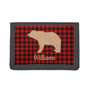 Buffalo Plaid Bear Personalized Trifold Wallet