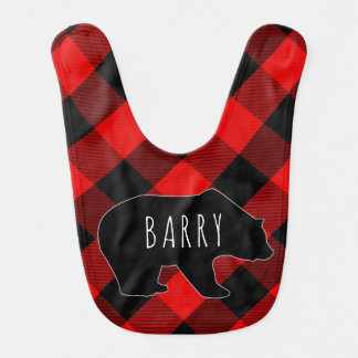 Buffalo Plaid Bear Rustic Baby's Name Baby Bib