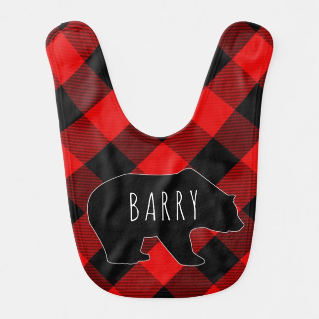 Buffalo Plaid Bear Rustic Baby's Name Baby Bib (Front)