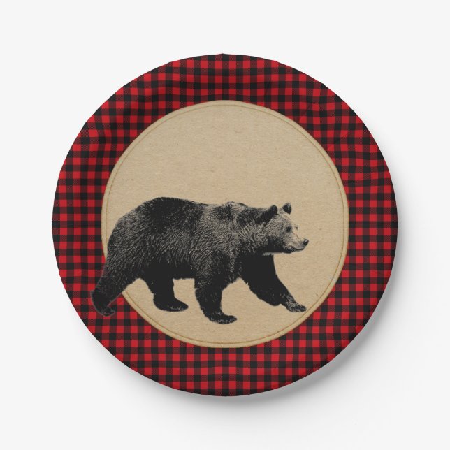 Buffalo Plaid Bear Rustic Cabin Paper Plates (Front)