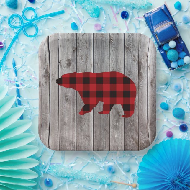 buffalo plaid bear wild one 1st birthday party paper plates (Party)