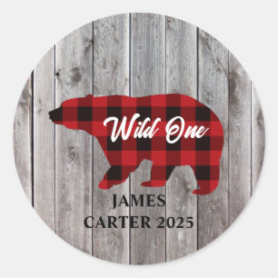 Buffalo Plaid Bear Wild One Boy 1st Birthday Party Classic Round Sticker