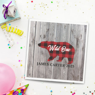 Buffalo Plaid Bear Wild One Boy 1st Birthday Party Napkins