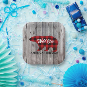 Buffalo Plaid Bear Wild One Boy 1st Birthday Party Paper Plates