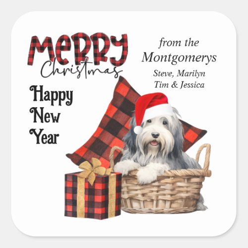 Buffalo Plaid Bearded Collie Puppy Holiday Square Sticker