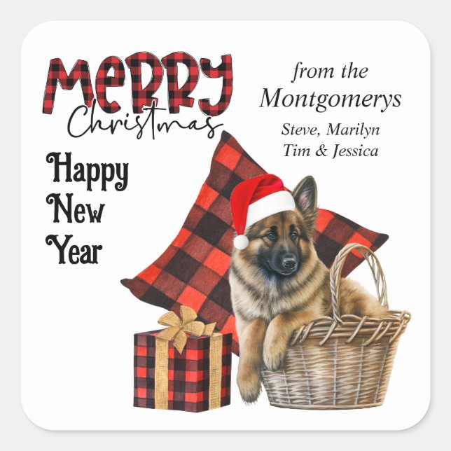 Buffalo Plaid Belgian Tervuren Puppy Christmas Square Sticker (Front)