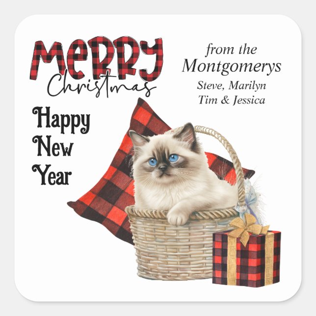 Buffalo Plaid Birman Kitten Christmas Square Sticker (Front)