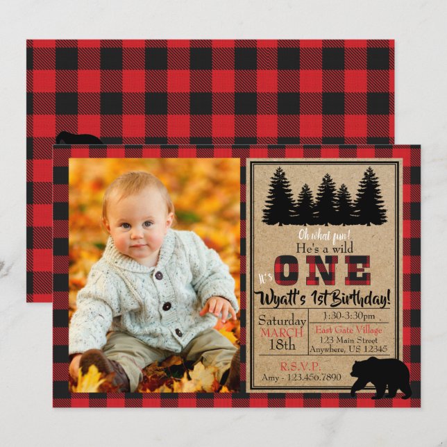 Buffalo Plaid Birthday Photo Invitation (Front/Back)