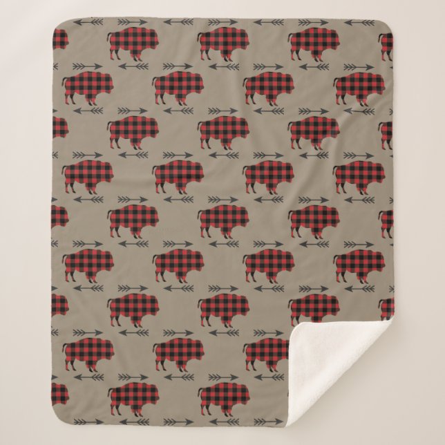 Buffalo Plaid Bison on Tan Sherpa Blanket (Front)