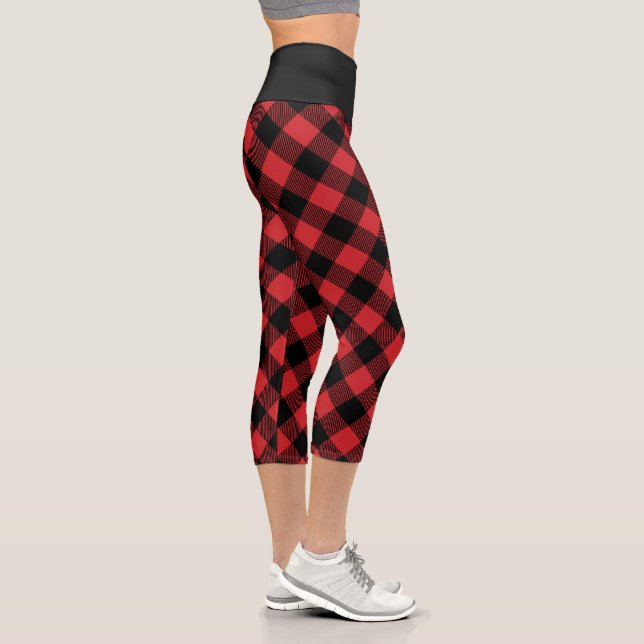 Buffalo Plaid Black And Red Checkered Pattern Capri Leggings (Right)