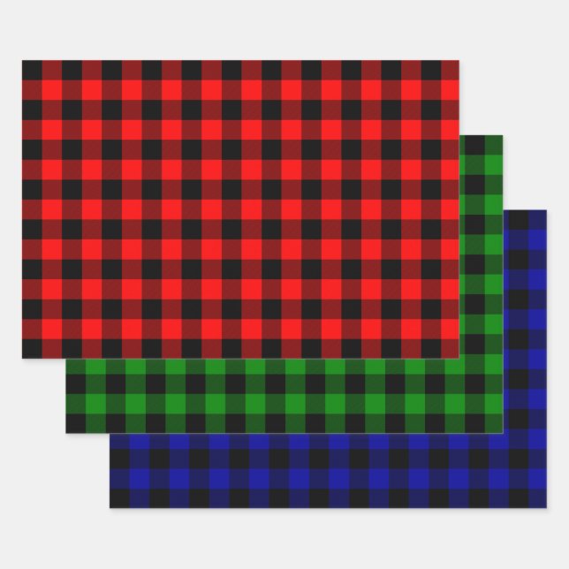 Buffalo Plaid Black and Red, Green and  Blue Wrapping Paper Sheets (Set)
