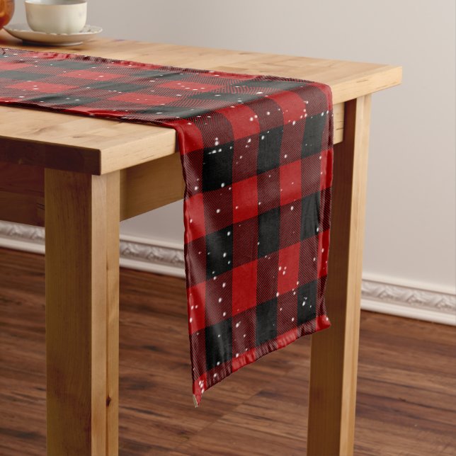 Buffalo Plaid Black and Red with Snowflakes Short Table Runner (In Situ)