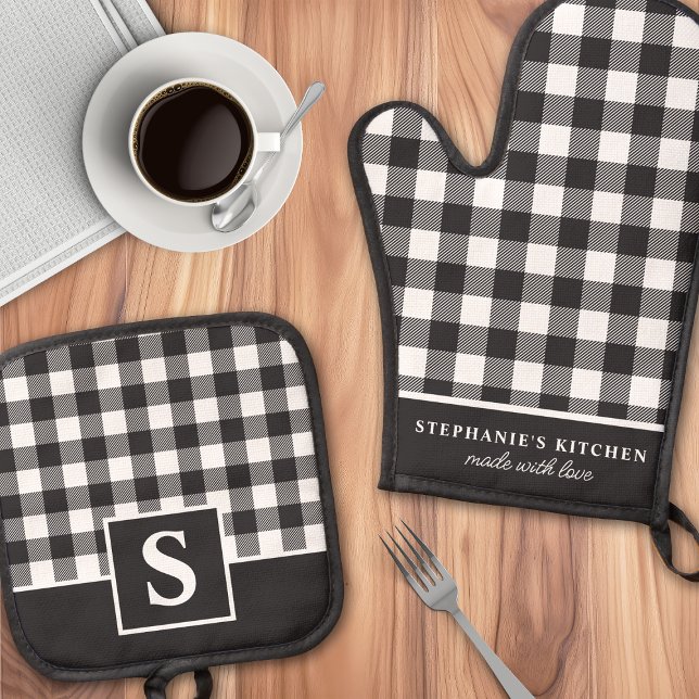 Buffalo Plaid Black And White Checker Monogrammed Oven Mitt & Pot Holder Set (Creator Uploaded)