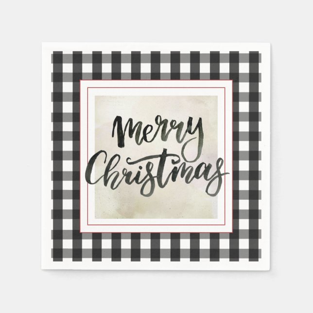 Buffalo Plaid Black and White Christmas Paper Napkins (Front)