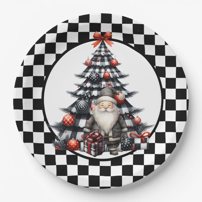 Buffalo Plaid Black and White Christmas  Paper Plates (Front)