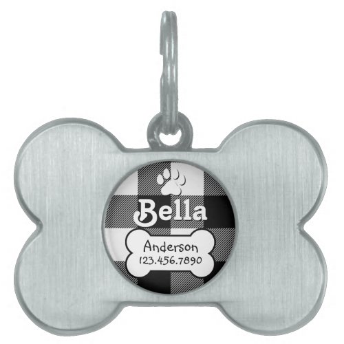 Buffalo Plaid Black and White Custom Dog Bone Pet ID Tag