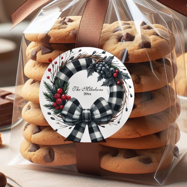 Buffalo Plaid Black and White Family Christmas  Classic Round Sticker (Creator Uploaded)