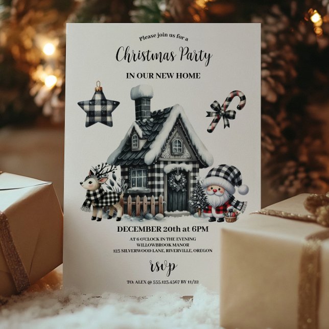 Buffalo Plaid Black and White Family Christmas  Invitation (Creator Uploaded)