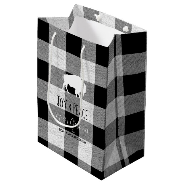 Buffalo Plaid Black and White Joy & Peace ID603 Medium Gift Bag (Front Angled)