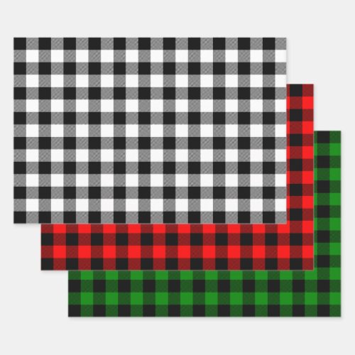 Buffalo Plaid Black and White Red and Green Wrapping Paper Sheets