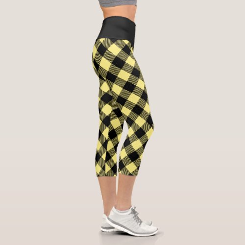 Buffalo Plaid Black And Yellow Checkered Pattern Capri Leggings