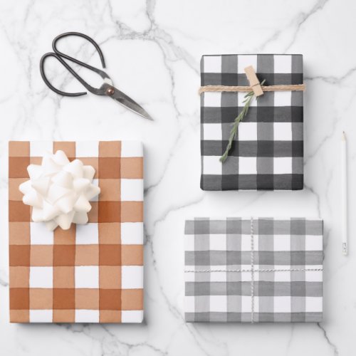Buffalo Plaid Black Burnt Orange and Grey Gingham Wrapping Paper Sheets