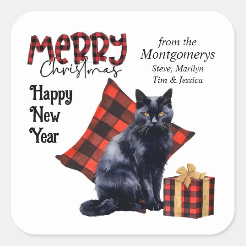 Buffalo Plaid Black Cat Christmas Square Sticker
