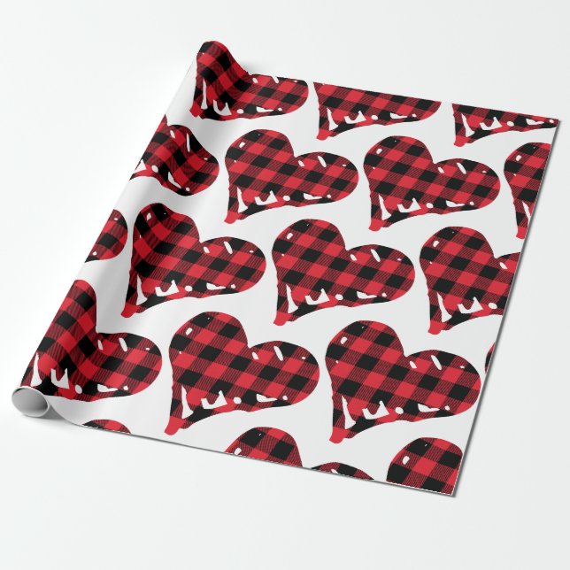 Buffalo Plaid Black Red Hand Drawn Hearts Wrapping Paper (Unrolled)