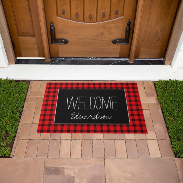 Buffalo plaid black Welcome family name script Doormat (Outdoor)