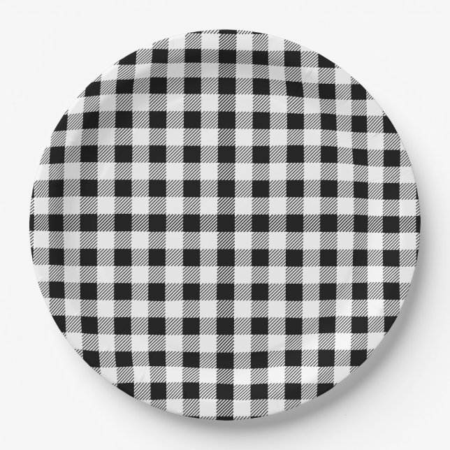 Buffalo Plaid Black White Fall Paper Plates (Front)