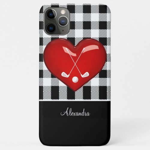  Buffalo Plaid Black white golf clubs red heart  iPhone 11 Pro Max Case