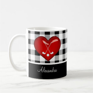 Buffalo Plaid Black White golf clubs red heart Coffee Mug