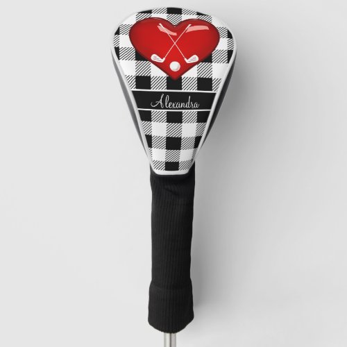  Buffalo Plaid Black white golf clubs red heart Golf Head Cover