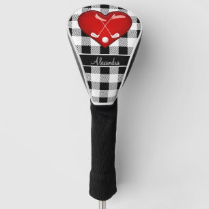  Buffalo Plaid Black white golf clubs red heart Head Cover