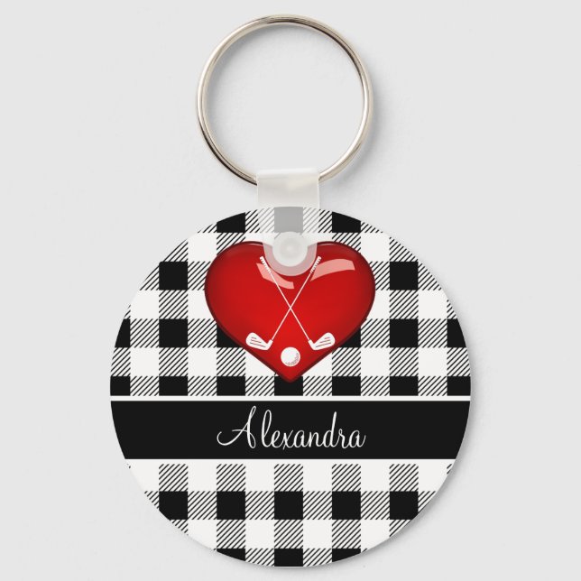  Buffalo Plaid Black white golf clubs red heart Keychain (Front)