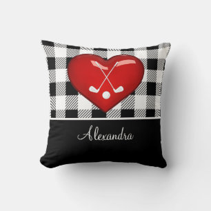 Buffalo Plaid Black White golf clubs red heart Throw Pillow