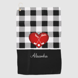 Buffalo Plaid Black white golf clubs red heart Towel