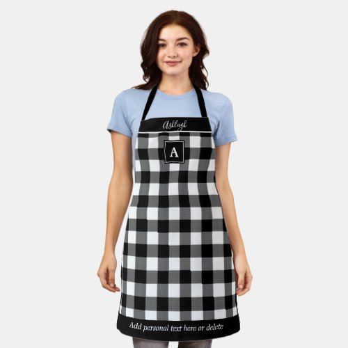 Buffalo Plaid Black White Monogram Script Name Apron