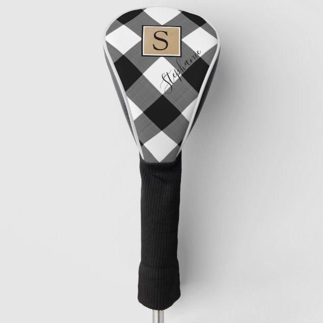 Buffalo Plaid Black White Monogram Script Name Golf Head Cover (Front)