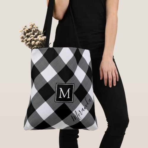 Buffalo Plaid Black White Monogram Script Name Tote Bag