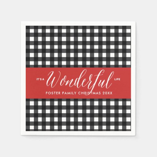 Buffalo Plaid Black White Red Christmas Party Napkins