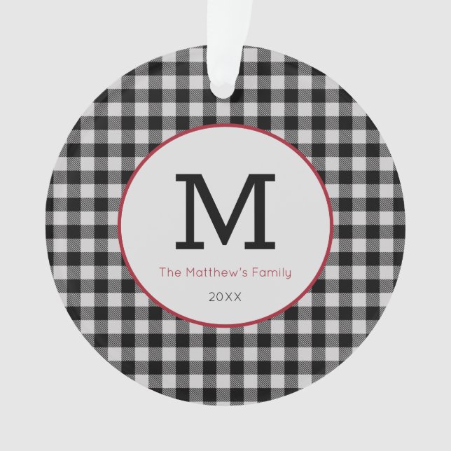 Buffalo Plaid Black White Red Modern Monogram Ornament (Front)