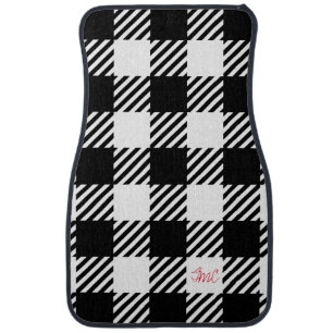 Buffalo Plaid Black White Red Monogram Initials Car Floor Mat