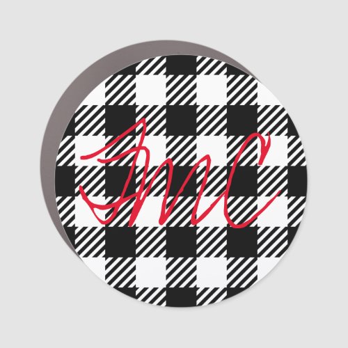 Buffalo Plaid Black White Red Monogram Initials Car Magnet