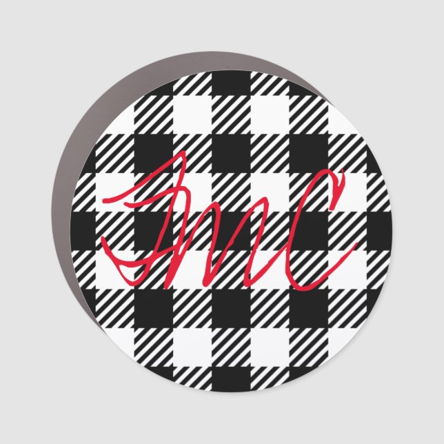 Buffalo Plaid Black White Red Monogram Initials Car Magnet (Front)